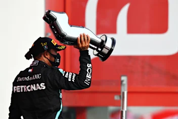 IMOLA, ITALY - NOVEMBER 01: Race winner Lewis Hamilton of Great Britain and Mercedes GP celebrates