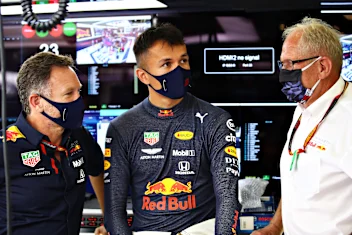 NORTHAMPTON, ENGLAND - JULY 31: Red Bull Racing Team Principal Christian Horner, Alexander Albon of