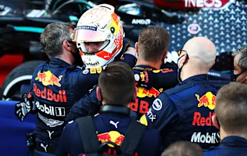 SOCHI, RUSSIA - SEPTEMBER 27: Second placed Max Verstappen of Netherlands and Red Bull Racing