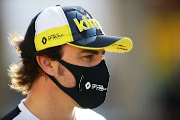 BAHRAIN, BAHRAIN - DECEMBER 04: Fernando Alonso of Spain and Renault Sport F1 talks to the media in