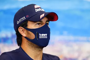 SCARPERIA, ITALY - SEPTEMBER 10: Sergio Perez of Mexico and Racing Point talks in the Drivers Press