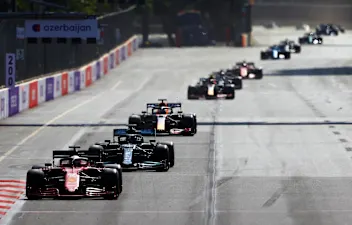 BAKU, AZERBAIJAN - JUNE 06: Charles Leclerc of Monaco driving the (16) Scuderia Ferrari SF21 leads