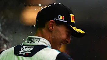 SPA, BELGIUM - AUGUST 29: Second placed George Russell of Great Britain and Williams celebrates on