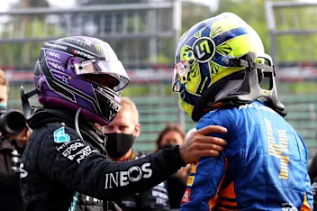IMOLA, ITALY - APRIL 18: Second placed Lewis Hamilton of Great Britain and Mercedes GP and third
