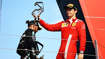 NORTHAMPTON, ENGLAND - JULY 18: Second placed Charles Leclerc of Monaco and Ferrari celebrates on
