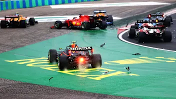 BUDAPEST, HUNGARY - AUGUST 01: Sergio Perez of Mexico driving the (11) Red Bull Racing RB16B Honda