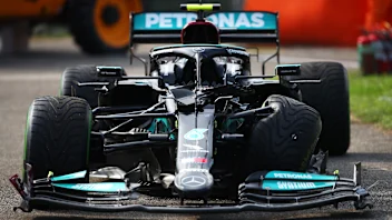 BUDAPEST, HUNGARY - AUGUST 01: The broken car of Valtteri Bottas of Finland and Mercedes GP is
