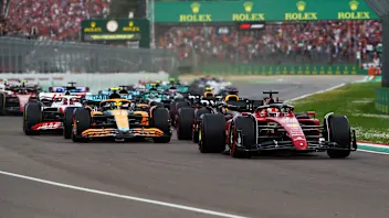 IMOLA, ITALY - APRIL 23: Charles Leclerc of Monaco driving (16) the Ferrari F1-75 leads the field