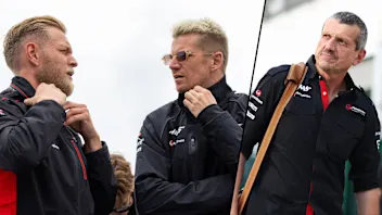Haas drivers Kevin Magnussen, Nico Hulkenberg and former Team Principal Guenther Steiner