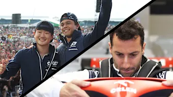 NORTHAMPTON, ENGLAND - JULY 08: Yuki Tsunoda of Japan and Scuderia AlphaTauri and Nyck de Vries of