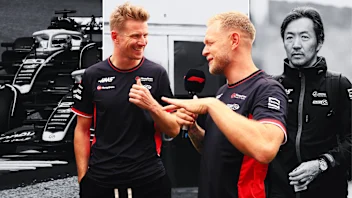Haas team mates Hulkenberg and Magnussen against a montage background of their 2024 car and Team Principal Ayao Komatsu