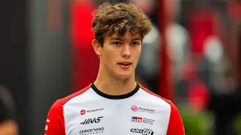 BAKU, AZERBAIJAN - SEPTEMBER 18: Oliver Bearman of Great Britain and Haas F1 talks to the media