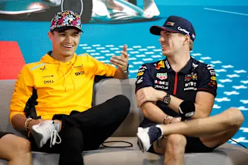 MIAMI, FLORIDA - MAY 04: Lando Norris of Great Britain and McLaren and Max Verstappen of the
