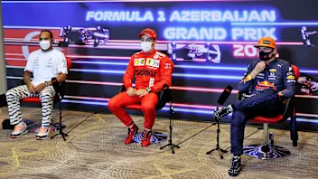 (L to R): Lewis Hamilton (GBR) Mercedes AMG F1; Charles Leclerc (MON) Ferrari; Max Verstappen (NLD)