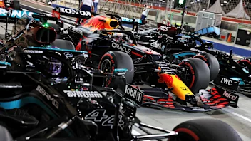 Lewis Hamilton (GBR) Mercedes AMG F1 W12; Max Verstappen (NLD) Red Bull Racing RB16B; and Valtteri