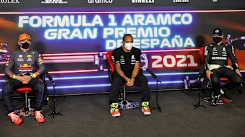 The post qualifying FIA Press Conference (L to R): Max Verstappen (NLD) Red Bull Racing; Lewis