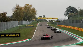 Sergio Perez, Racing Point RP20, leads Esteban Ocon, Renault R.S.20, George Russell, Williams FW43,