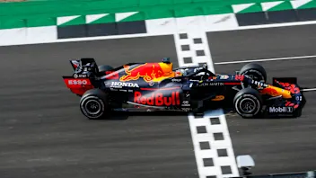 Race Winner Max Verstappen, Red Bull Racing RB16 crosses the finish