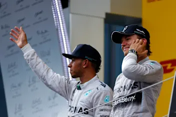 (L to R): Lewis Hamilton (GBR) Mercedes AMG F1 and race winner Nico Rosberg (GER) Mercedes AMG F1
