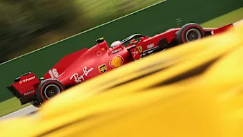 Ferrari driver Charles Leclerc of Monaco steers his car during practice for the Formula One Grand