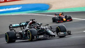 Lewis Hamilton, Mercedes F1 W11 EQ Performance, leads Max Verstappen, Red Bull Racing
