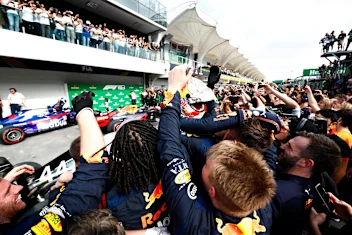 SAO PAULO, BRAZIL - NOVEMBER 17: Race winner Max Verstappen of Netherlands and Red Bull Racing