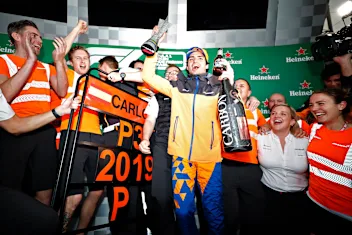 SAO PAULO, BRAZIL - NOVEMBER 17: Carlos Sainz of Spain and McLaren F1 celebrates after later being