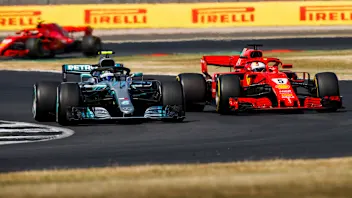 SILVERSTONE, UNITED KINGDOM - JULY 08: Valtteri Bottas, Mercedes AMG F1 W09, battles with Sebastian