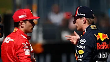RED BULL RING, AUSTRIA - JUNE 29: Pole man Charles Leclerc, Ferrari, talks to Max Verstappen, Red