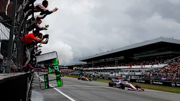 HOCKENHEIMRING, GERMANY - JULY 28: Racing Point mechanics celebrate as Lance Stroll, Racing Point