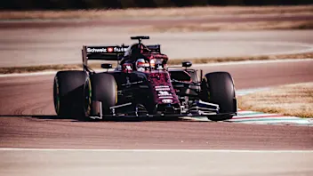 Kimi Raikkonen samples the 2019 Alfa Romeo - in a special Valentine's Day livery - at Fiorano in
