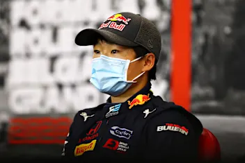 SPA, BELGIUM - AUGUST 28: Pole position qualifier Yuki Tsunoda of Japan and Carlin talks in a press