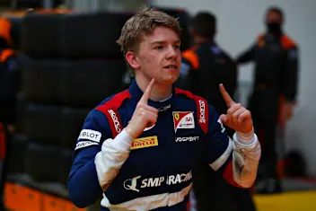 SPIELBERG, AUSTRIA - JULY 11:  Race winner Robert Shwartzman of Russia and Prema Racing celebrates