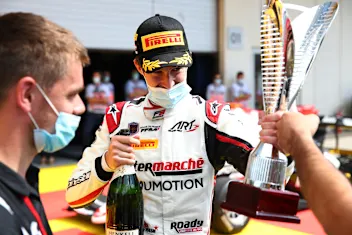 SPIELBERG, AUSTRIA - JULY 12: Race winner Theo Pourchaire of France and ART Grand Prix celebrates