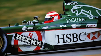 14 Jan 2002:  Jaguar Racing team principle Niki Lauda test drives the new car during the Formula