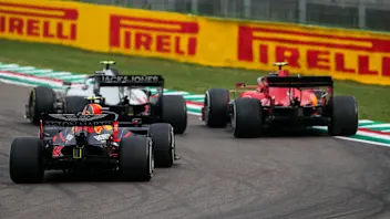 IMOLA, ITALY - NOVEMBER 01: Kevin Magnussen, Haas VF-20, leads Charles Leclerc, Ferrari SF1000, and