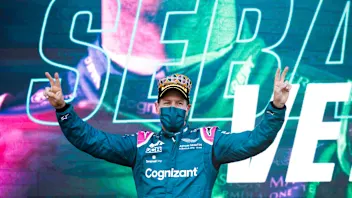 Sebastian Vettel, Aston Martin, 2nd position, celebrates on the