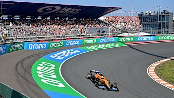 McLaren's British driver Lando Norris steers his car at the Zandvoort circuit during the first free