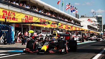 BUDAPEST, HUNGARY - JULY 31: Sergio Perez of Mexico driving the (11) Red Bull Racing RB16B Honda in