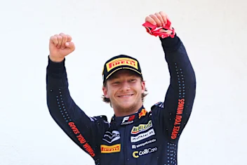 BUDAPEST, HUNGARY - AUGUST 01: Race winner Dennis Hauger of Norway and Prema Racing celebrates on