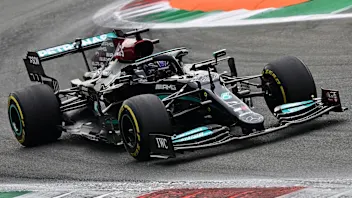 Mercedes' British driver Lewis Hamilton drives during the first practice session at the Autodromo