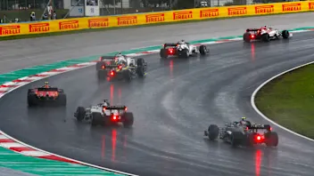 ISTANBUL PARK, TURKEY - NOVEMBER 15: Antonio Giovinazzi, Alfa Romeo Racing C39, leads Daniil Kvyat,