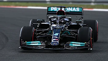 Mercedes' British driver Lewis Hamilton drives during a practice session at the Intercity Istanbul