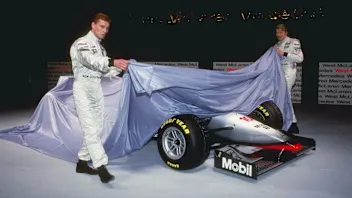 13 Feb 1997: David Coulthard and Mika Hakkinen unveil the new look car during the McLaren team