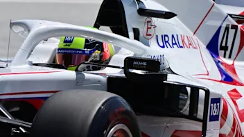 Haas F1's German driver Mick Schumacher drives during the third practice session at the Red Bull