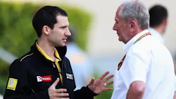SAKHIR, BAHRAIN - APRIL 05: (L-R) Head of Renault Sport F1's track operations Remi Taffin talks