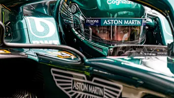 Lance Stroll, Aston Martin AMR21 shakedown at Silverstone,