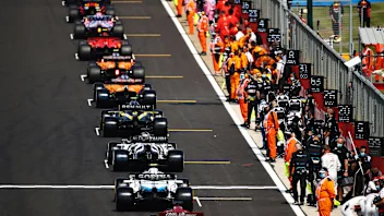 NORTHAMPTON, ENGLAND - AUGUST 09: A general view as the cars line up on the grid before during the