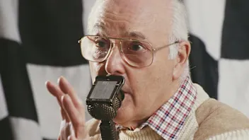 Portrait at the microphone of commentator Murray Walker on 2 February 1993 at the Allsport studio