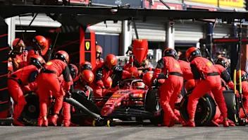 SPA, BELGIUM - AUGUST 28: Charles Leclerc of Monaco driving the (16) Ferrari F1-75 makes a pits